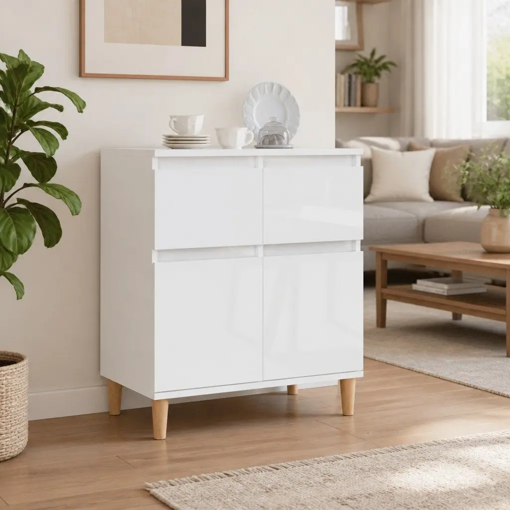 Sideboard White 60x35x70cm High Gloss Storage Cabinet with Drawers and Compartments