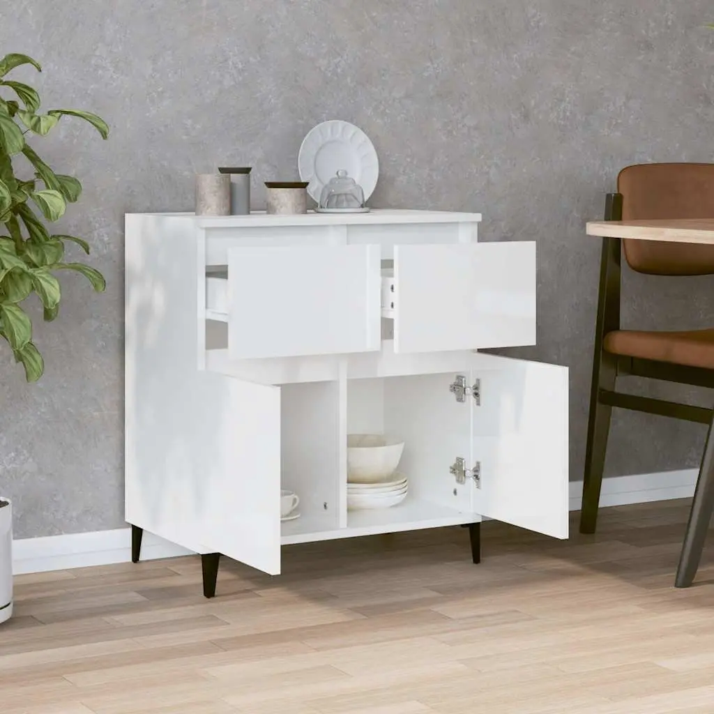 Sideboard White 60x35x70cm High Gloss Engineered Wood 2 Drawer