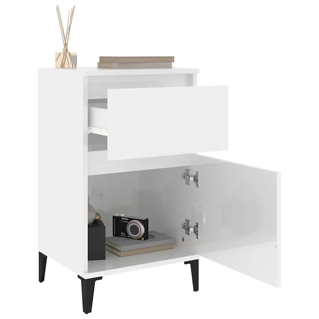 Bedside Table White Engineered Wood High Gloss Storage Nightstand