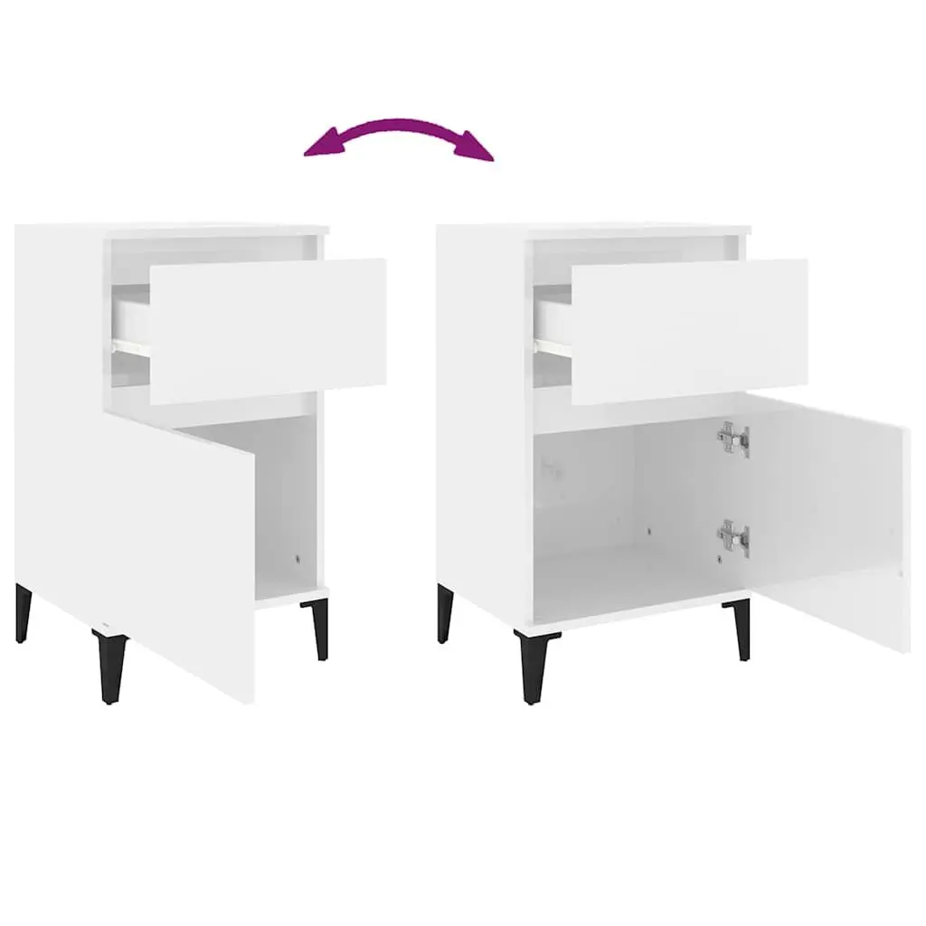 Bedside Table White Engineered Wood High Gloss Storage Nightstand