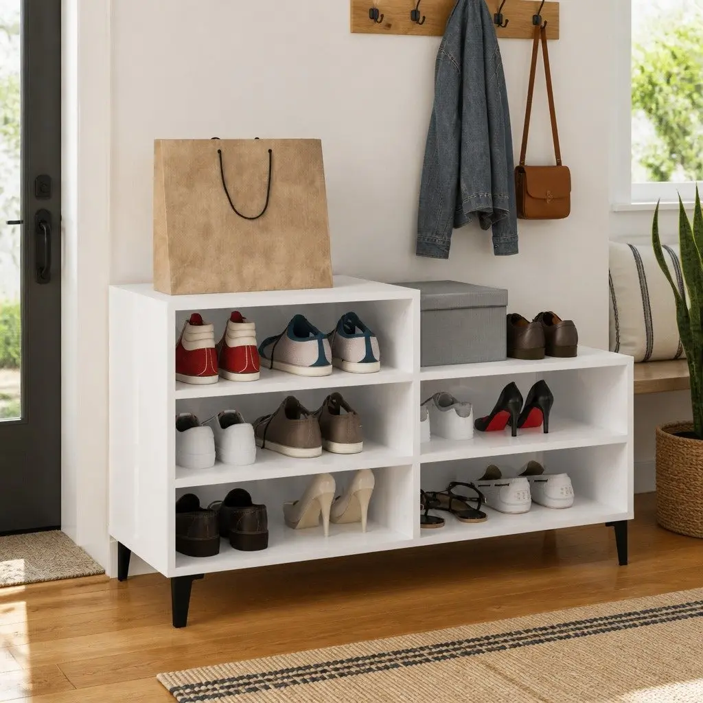 Shoe Storage Cabinet Compact High Gloss White Engineered Wood 5 Shelves Organiser Unit for Home Decoration