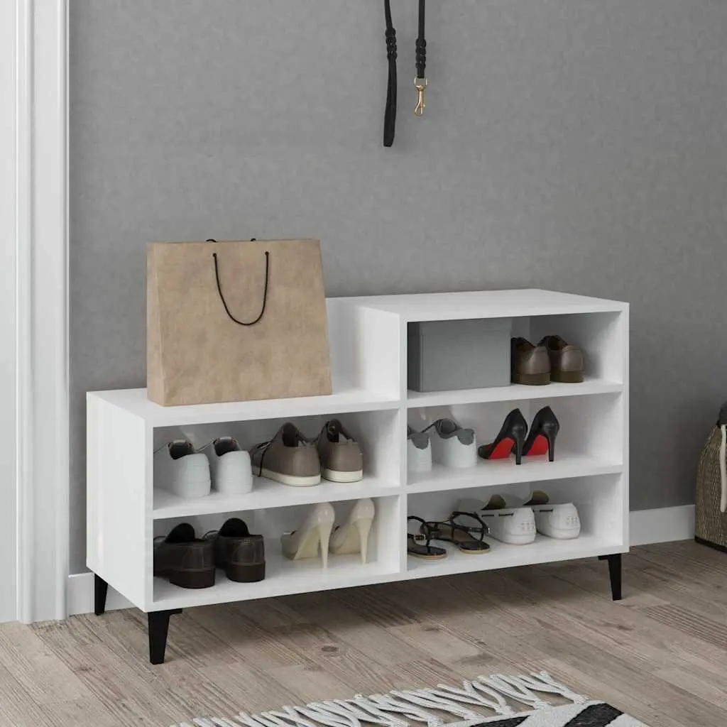 Shoe Storage Cabinet Compact High Gloss White Engineered Wood 5 Shelves Organiser Unit for Home Decoration
