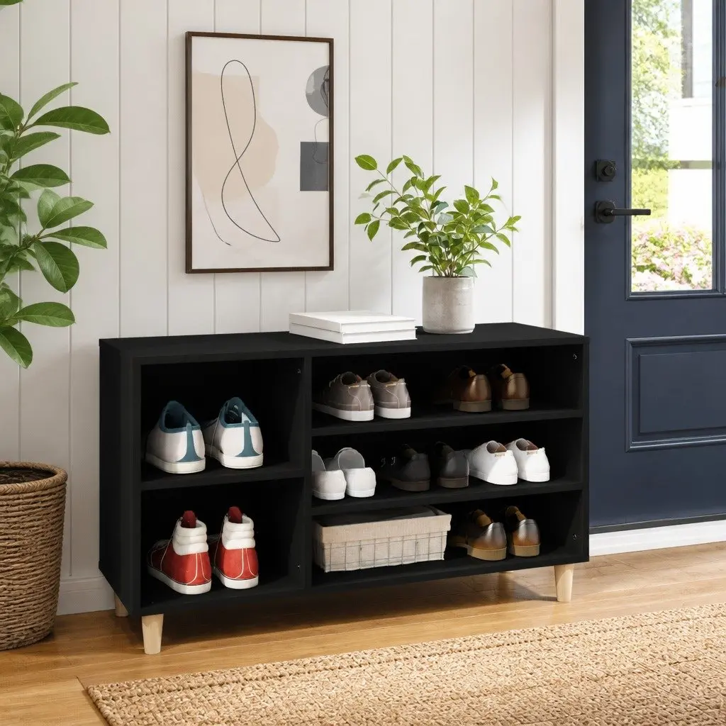 Shoe Cabinet Black Engineered Wood Multiple Compartments Entryway Furniture