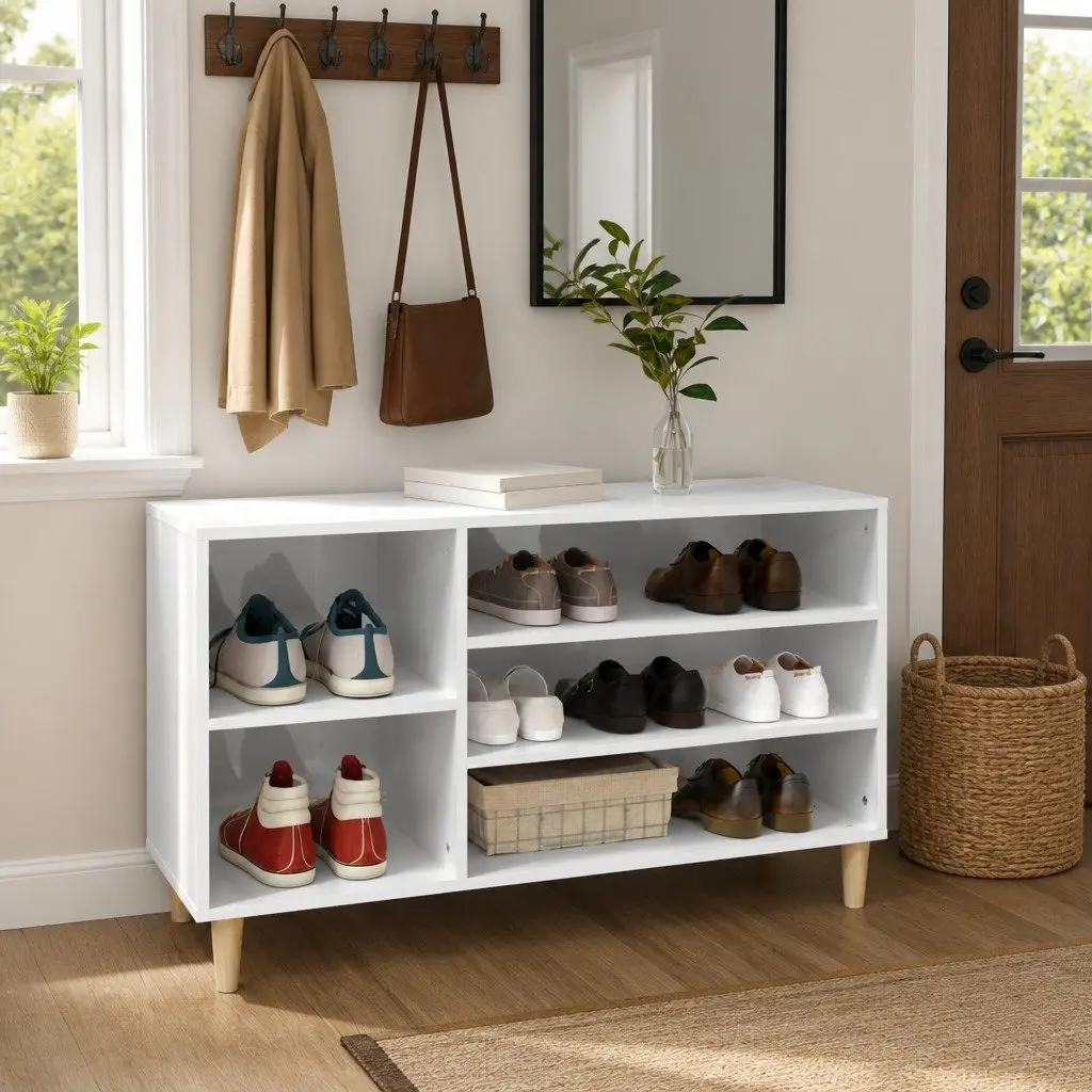 Shoe Cabinet High Gloss White Engineered Wood Multiple Storage Compartments Stable Top Surface