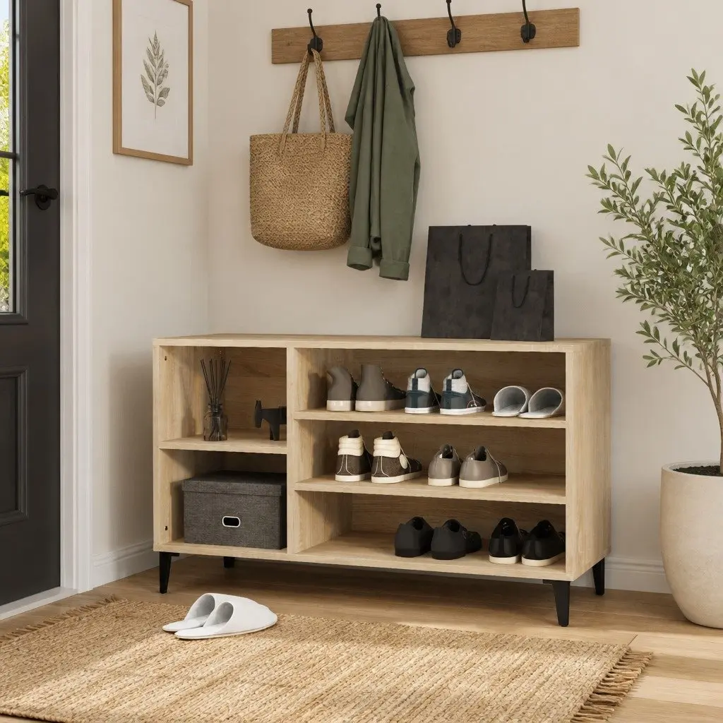 Shoe Cabinet Beige Engineered Wood Storage Organiser with Multiple Compartments