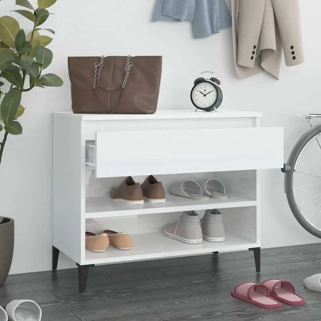 Shoe Cabinet White High Gloss Engineered Wood 70x36x60cm 2 Compartment Storage