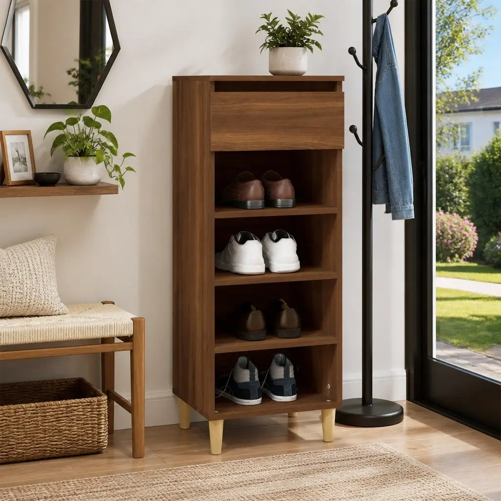 Shoe Cabinet Brown Oak Engineered Wood Storage Organiser 4 Shelves Drawer
