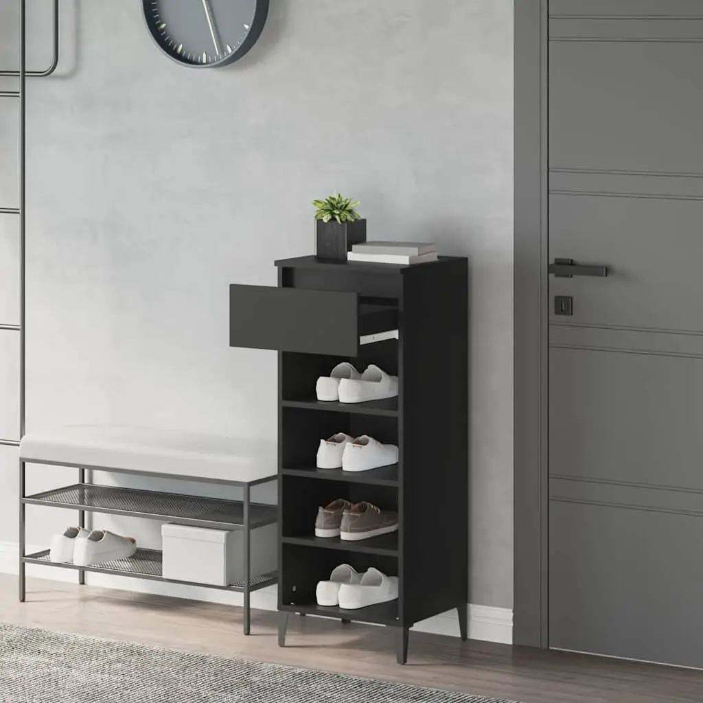 Shoe Rack Storage Cabinet Black Engineered Wood 1 Drawer 3 Shelves Organiser Unit