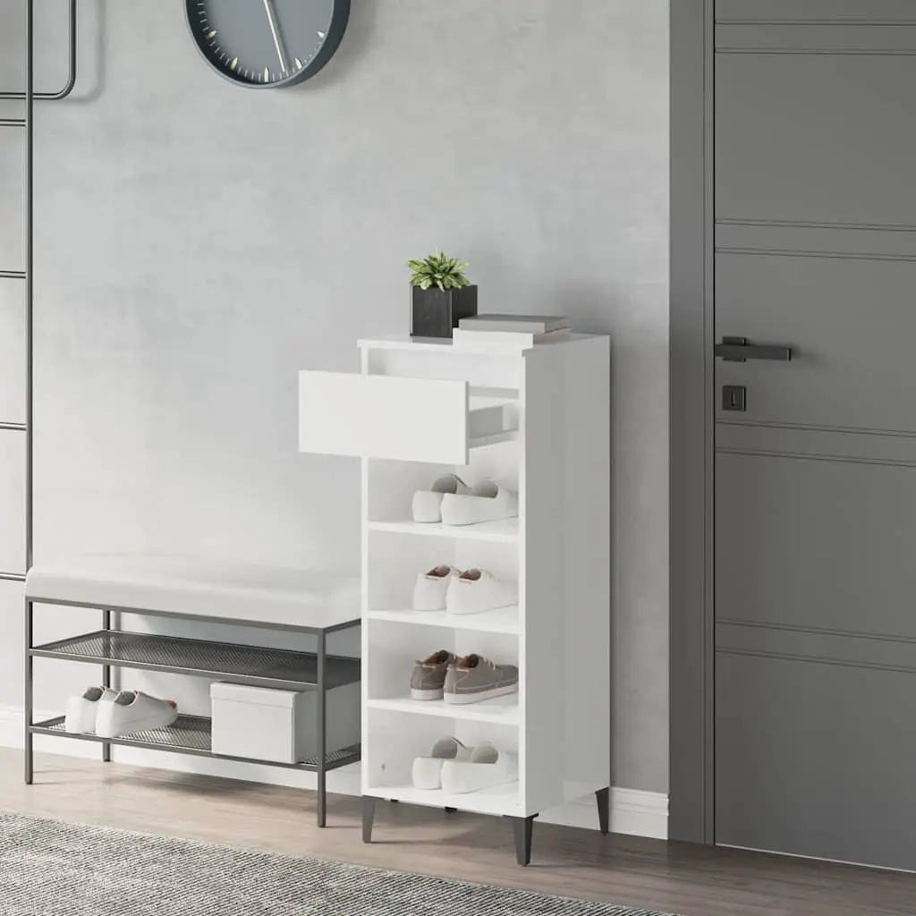 Shoe Rack High Gloss White 3 Shelves Storage Cabinet with Drawer