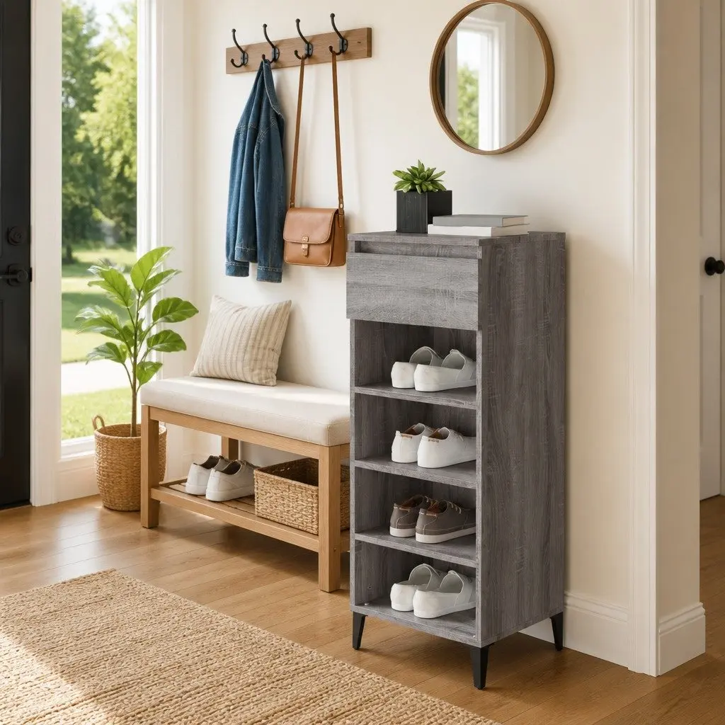 Shoe Storage Cabinet Grey Engineered Wood 40cm Width 36cm Depth 105cm Height Drawer and Shelves
