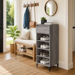 Grey Shoe Rack Storage Cabinet with Drawer and Shelves