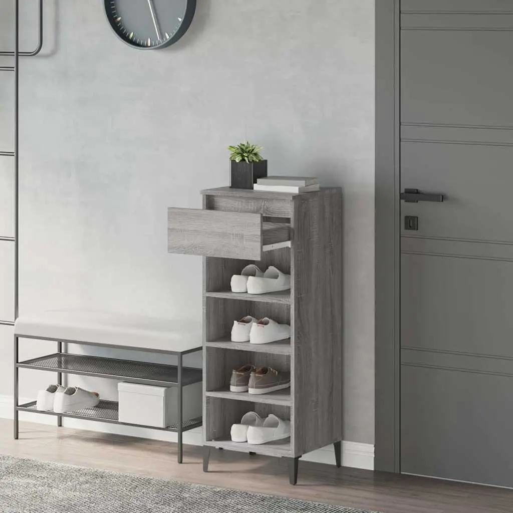 Shoe Storage Cabinet Grey Engineered Wood 40cm Width 36cm Depth 105cm Height Drawer and Shelves