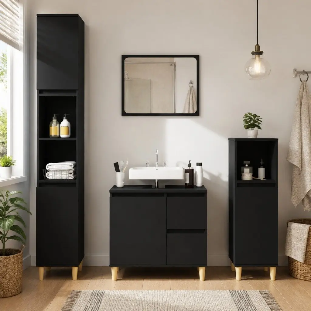 Bathroom Cabinet Black 30x30x100cm Engineered Wood Storage Unit
