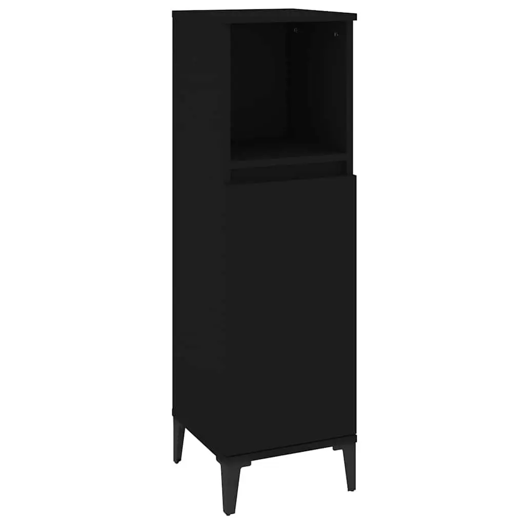 Bathroom Cabinet Black Engineered Wood 30x30x100cm Storage Unit with Open and Door Compartments