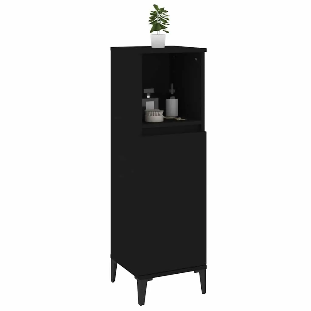Bathroom Cabinet Black Engineered Wood 30x30x100cm Storage Unit with Open and Door Compartments