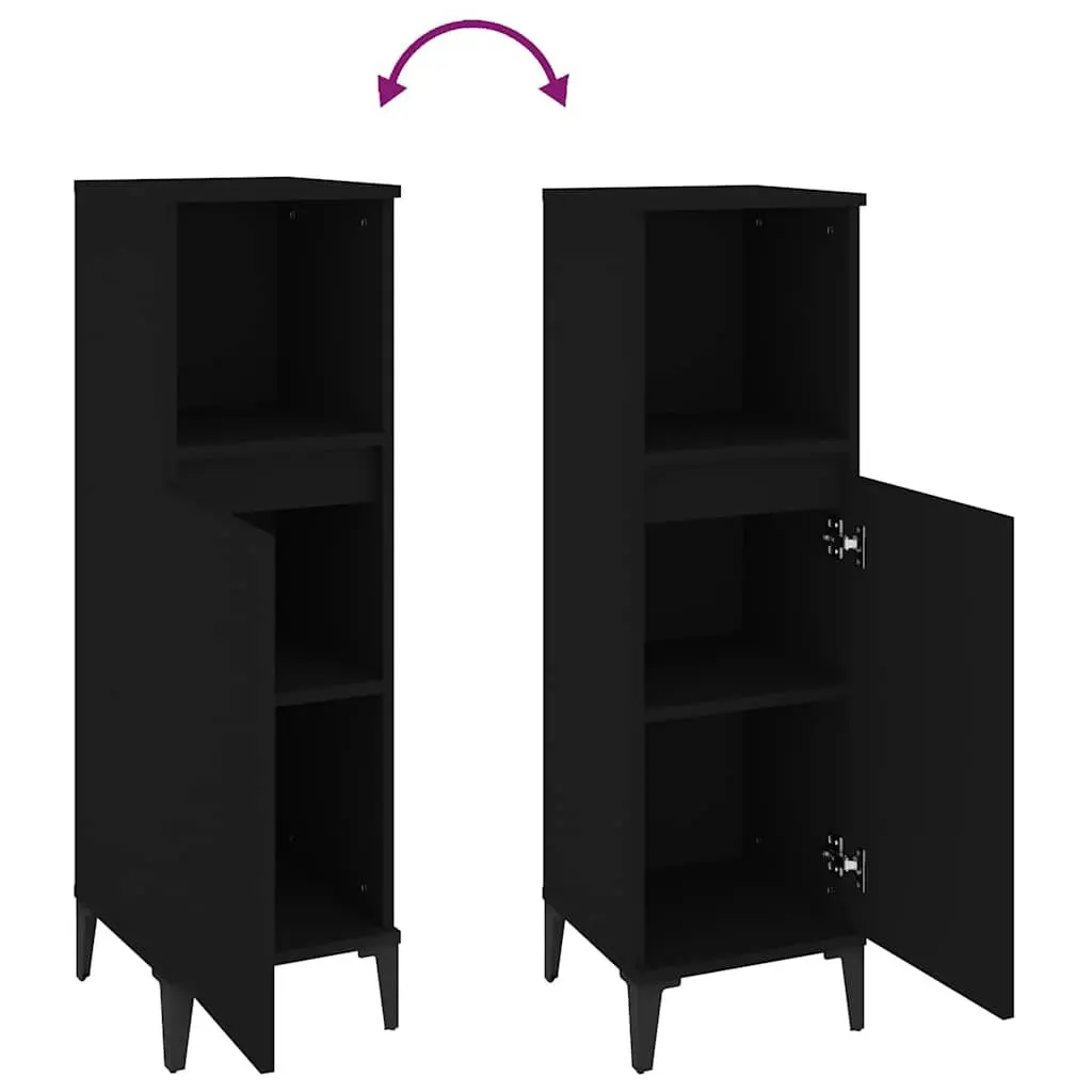 Bathroom Cabinet Black Engineered Wood 30x30x100cm Storage Unit with Open and Door Compartments