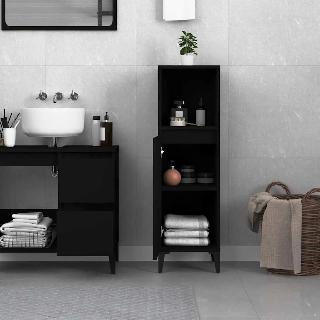 Bathroom Cabinet Black Engineered Wood 30x30x100cm Storage Unit with Open and Door Compartments