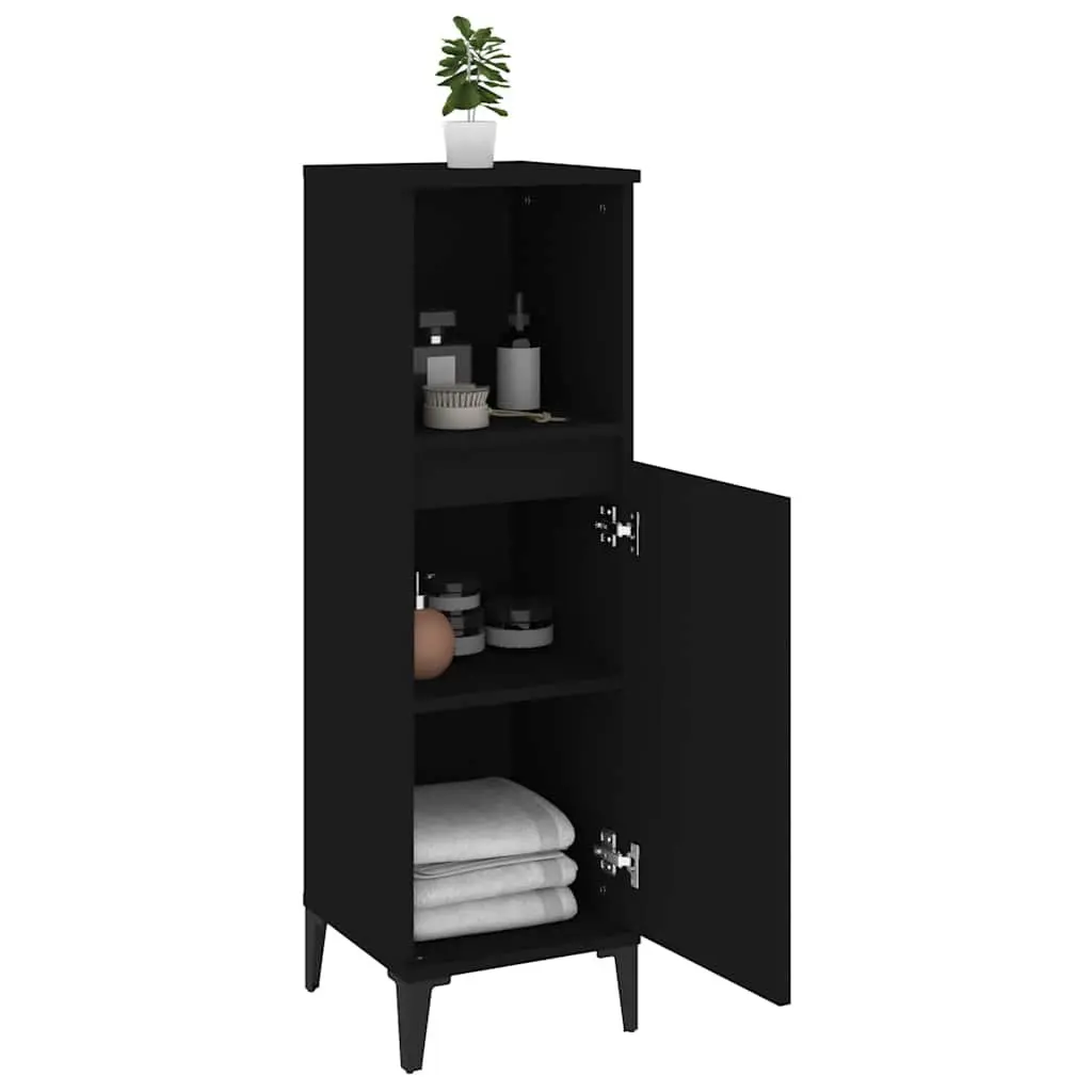 Bathroom Cabinet Black Engineered Wood 30x30x100cm Storage Unit with Open and Door Compartments
