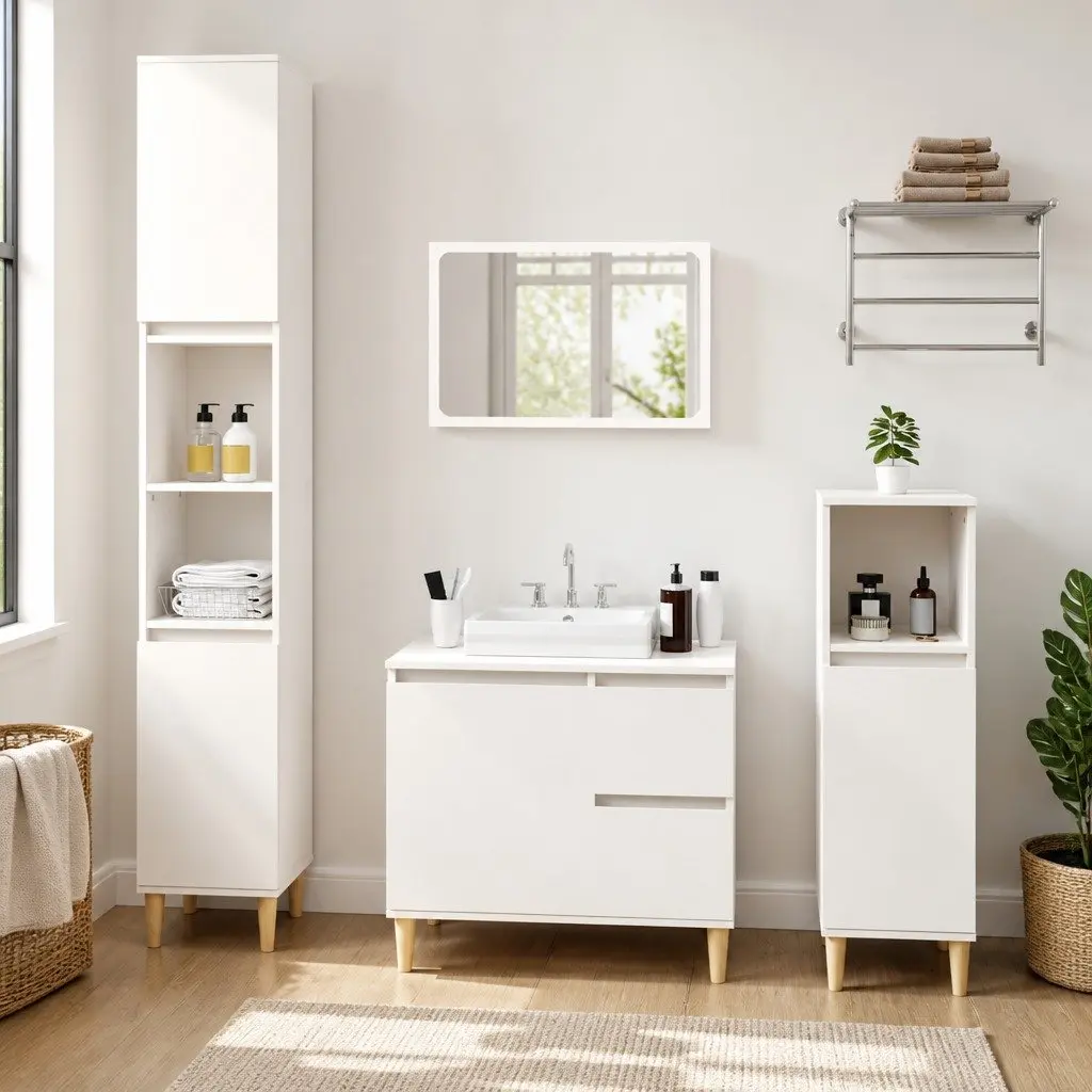 White Bathroom Cabinet with Eucalyptus Feet