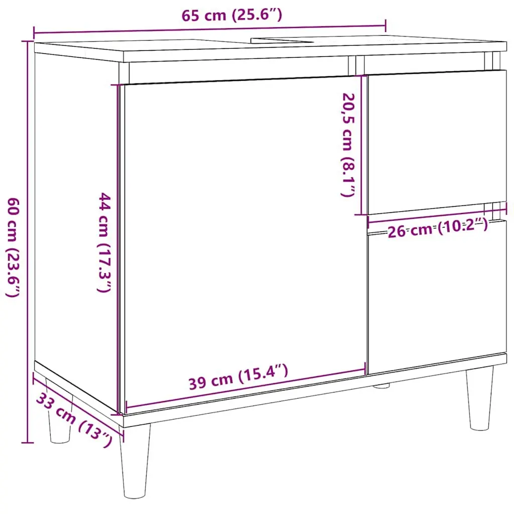 Bathroom Cabinet Smoked Oak 65x33x60cm 2 Drawers Engineered Wood Storage Unit