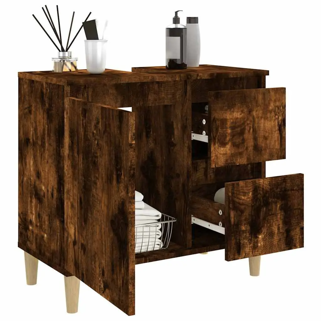 Bathroom Cabinet Smoked Oak 65x33x60cm 2 Drawers Engineered Wood Storage Unit