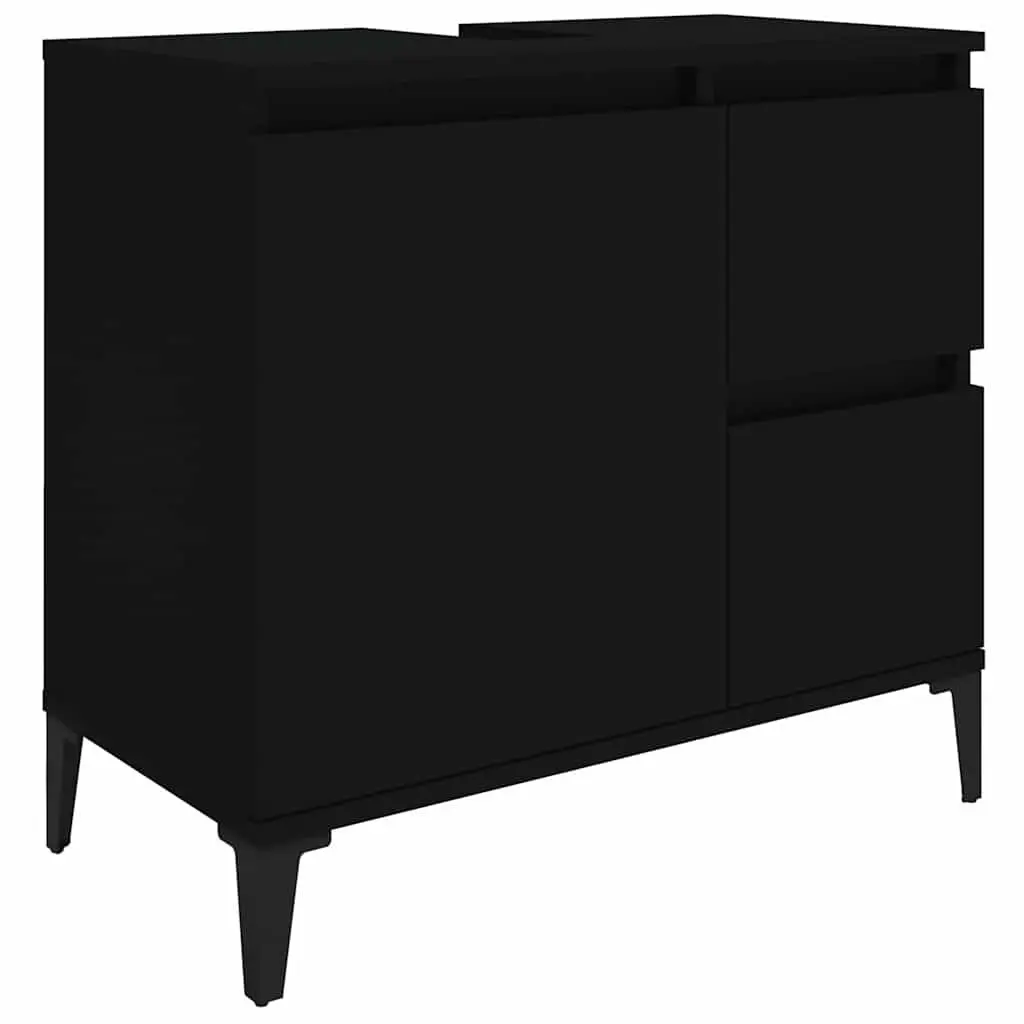 Bathroom Vanity Cabinet Black Engineered Wood 2 Drawers Door Compartment Metal Feet
