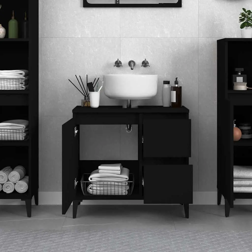 Bathroom Vanity Cabinet Black Engineered Wood 2 Drawers Door Compartment Metal Feet