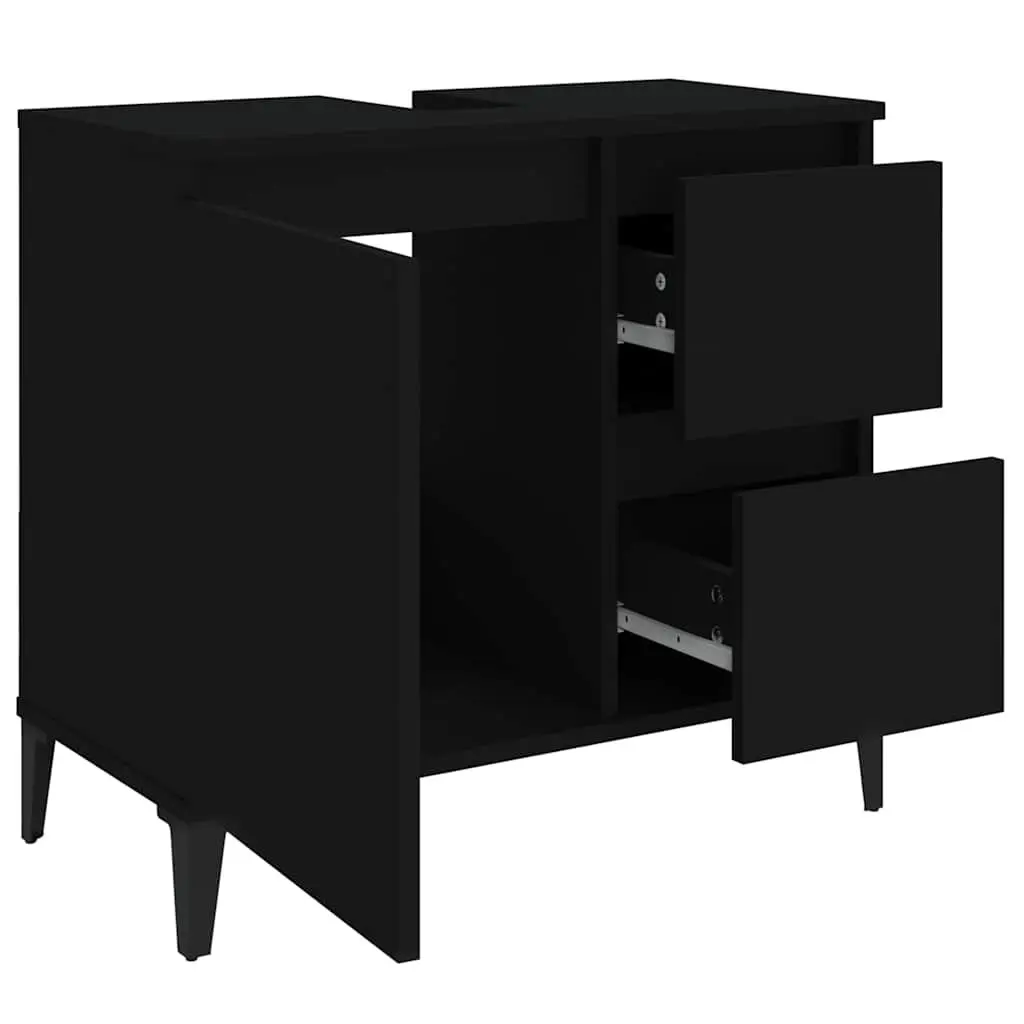 Bathroom Vanity Cabinet Black Engineered Wood 2 Drawers Door Compartment Metal Feet