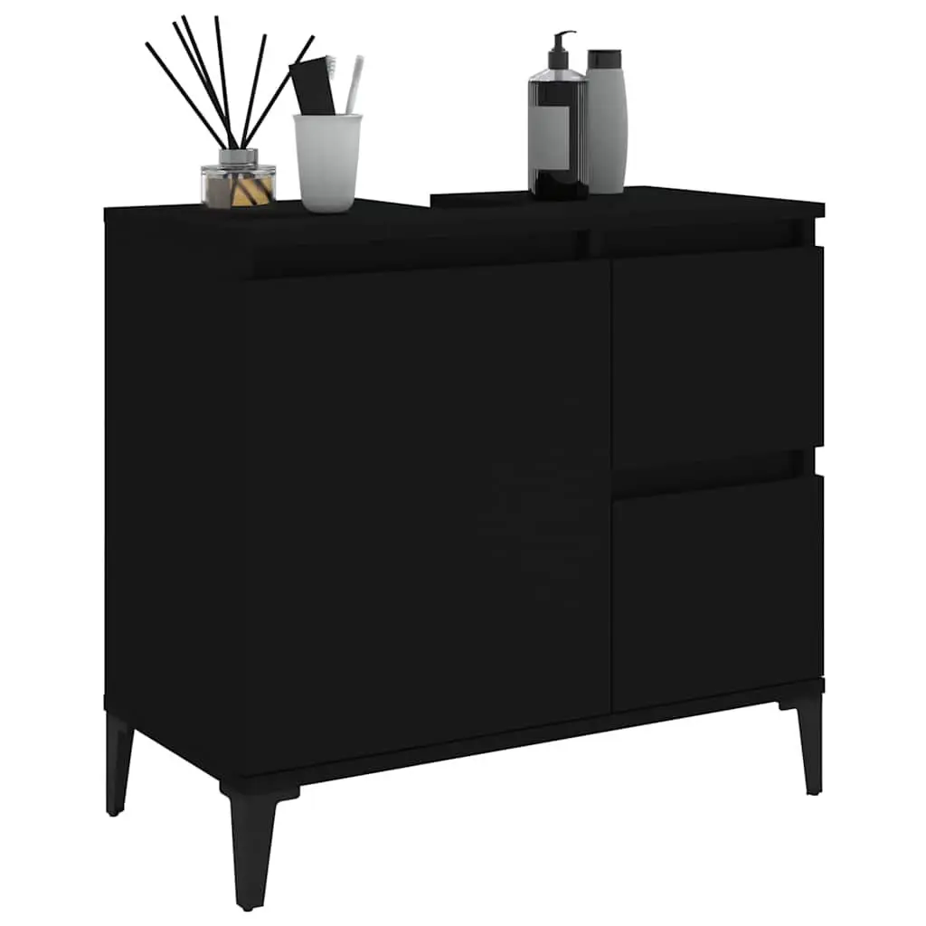 Bathroom Vanity Cabinet Black Engineered Wood 2 Drawers Door Compartment Metal Feet