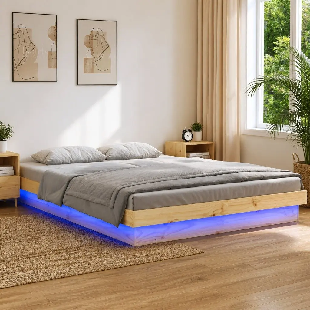 Solid Wood Bed Frame Brown 150x200 cm with LED Lighting and Remote Control