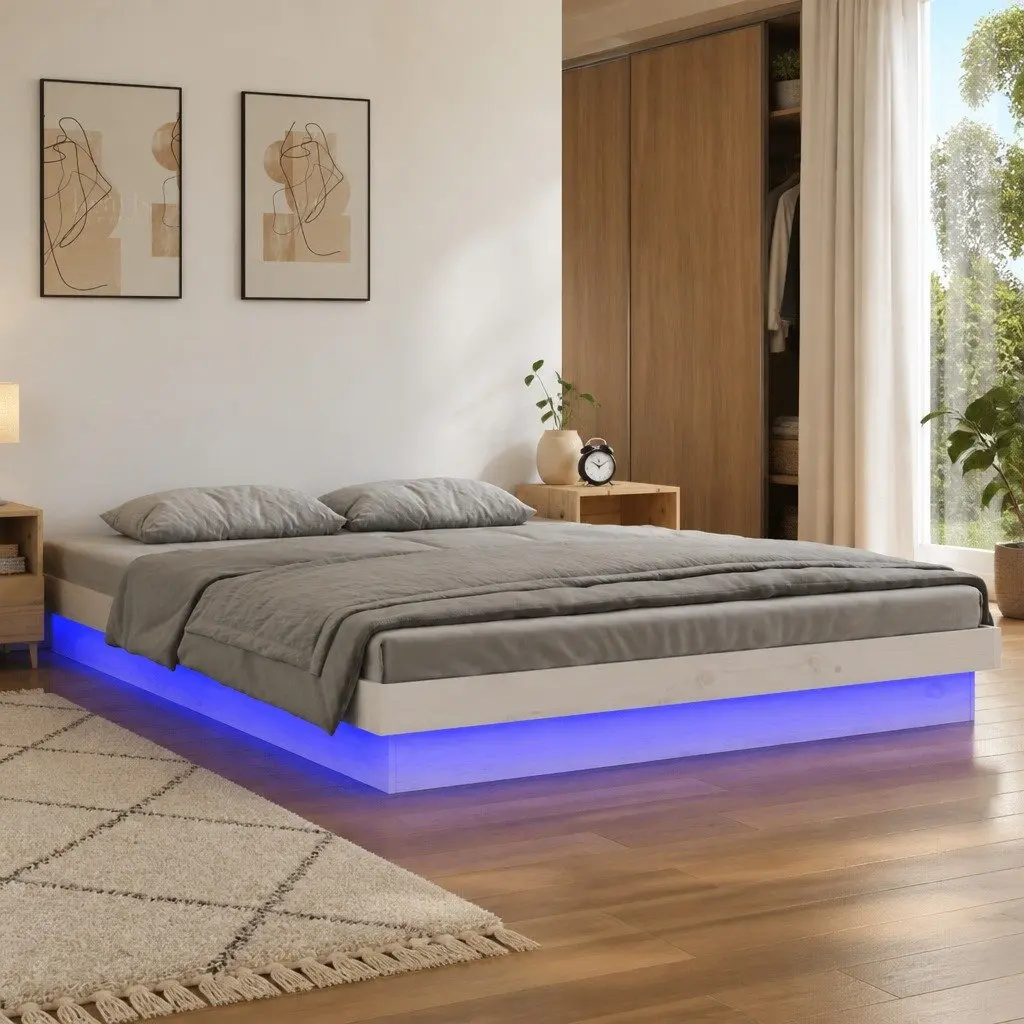 LED Bed Frame White 150x200cm Solid Wood with Remote Control and Colourful LED Lights