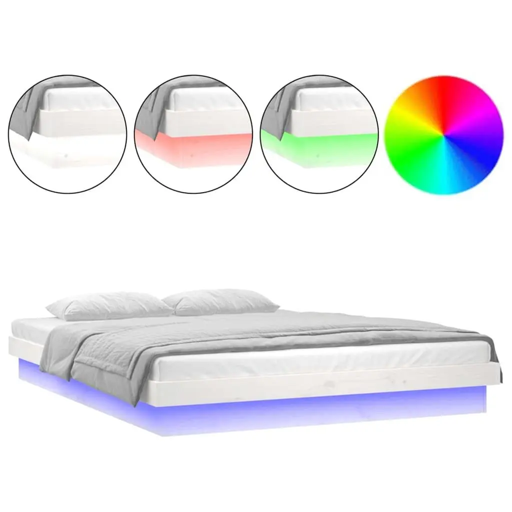 LED Bed Frame White 150x200cm Solid Wood with Remote Control and Colourful LED Lights