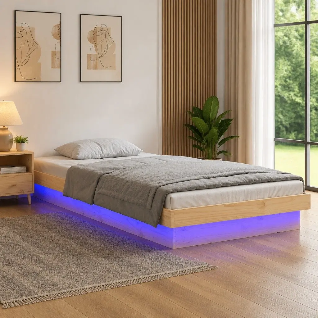 Solid Wood Bed Frame Brown 90x190 cm LED Lights Remote Control