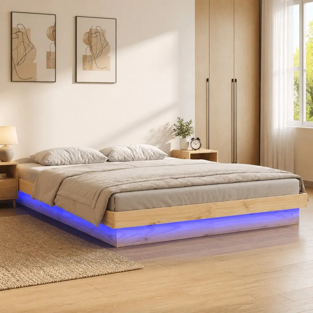 Bed Frame Brown 135x190 cm Solid Pine Wood with LED Lights