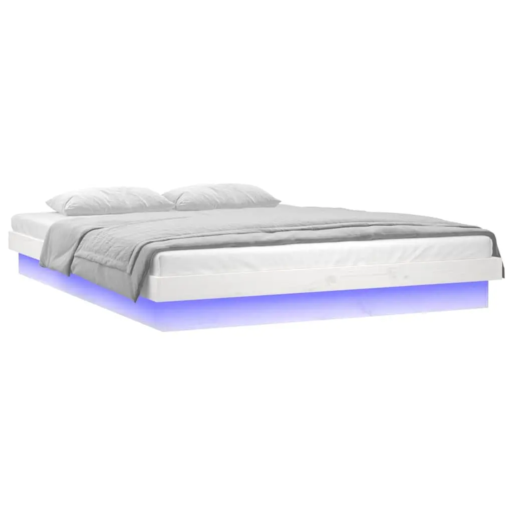 Bed Frame White 135x190 cm Solid Pine Wood Slatted with Colourful LED Lights
