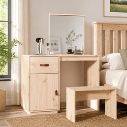 Dressing Table with Mirror and Storage in Solid Pine Wood 95x50x134 cm
