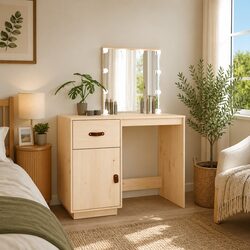 Bedroom Dressing Table with LED Mirror Brown Solid Pine Wood Vanity Desk Storage