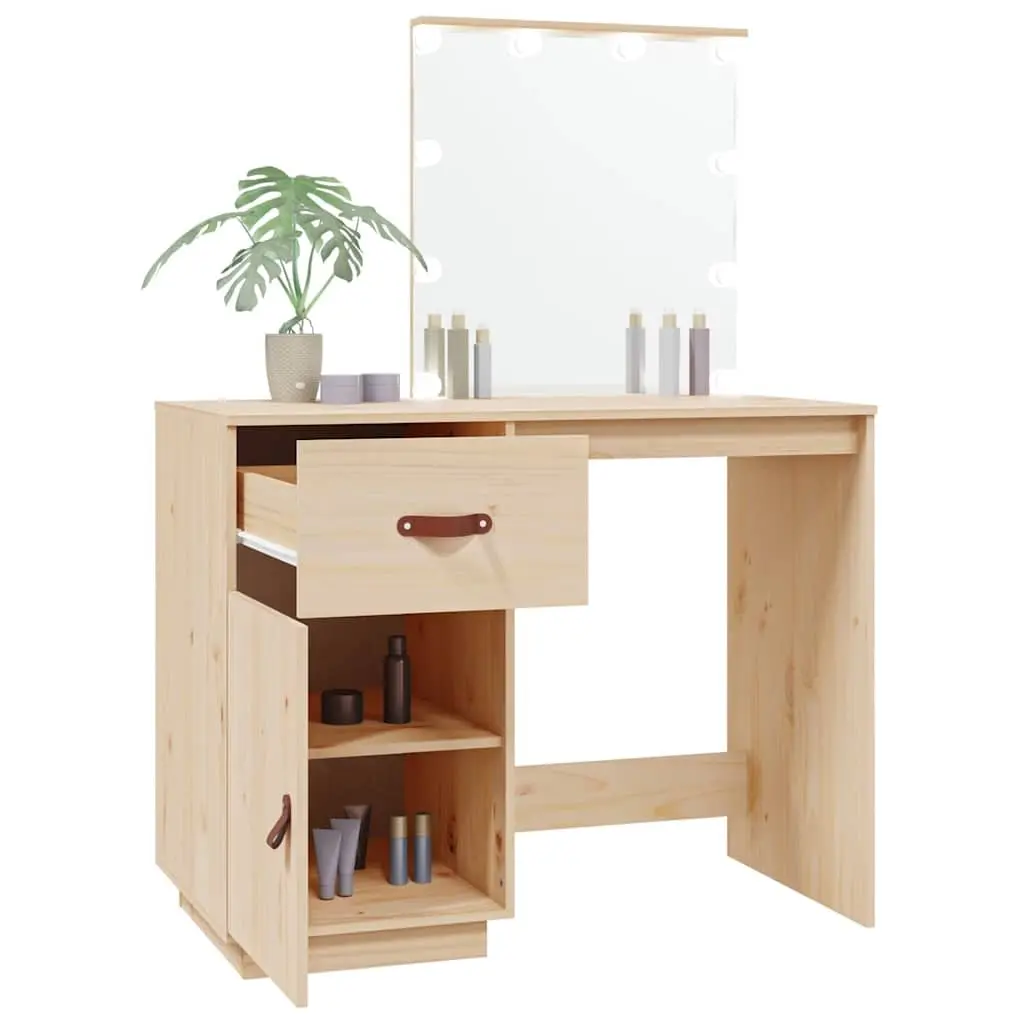 Dressing Table Brown Solid Pine Wood LED Mirror Utility Drawer Storage