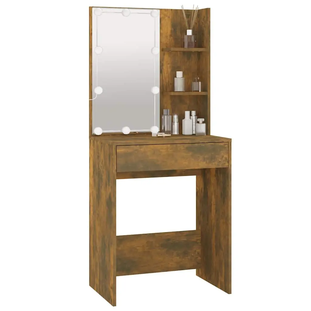 Dressing Table Smoked Oak 60W x 40D x 140H cm LED Mirror Storage Drawers