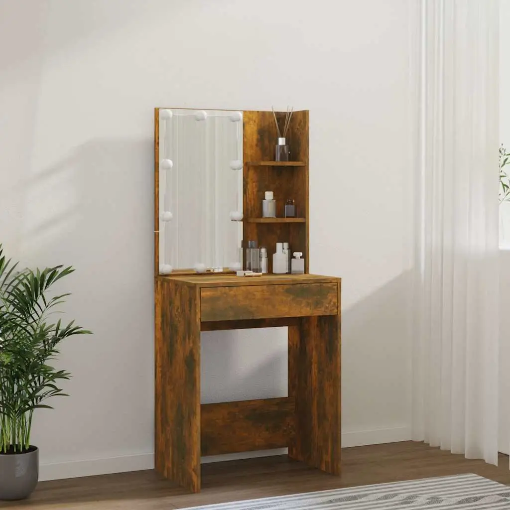 Dressing Table Smoked Oak 60W x 40D x 140H cm LED Mirror Storage Drawers