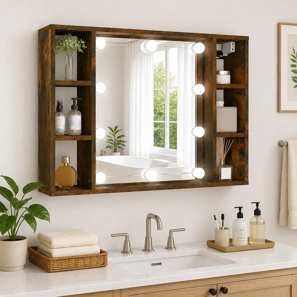 Mirror Cabinet Brown Wall-Mounted with LED Lights for Bathroom Storage Organizer