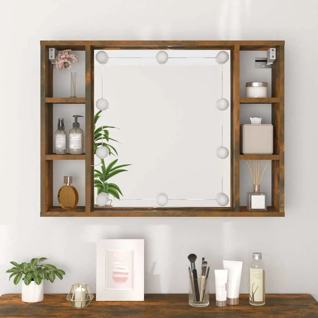 Mirror Cabinet Brown Wall-Mounted with LED Lights for Bathroom Storage Organizer