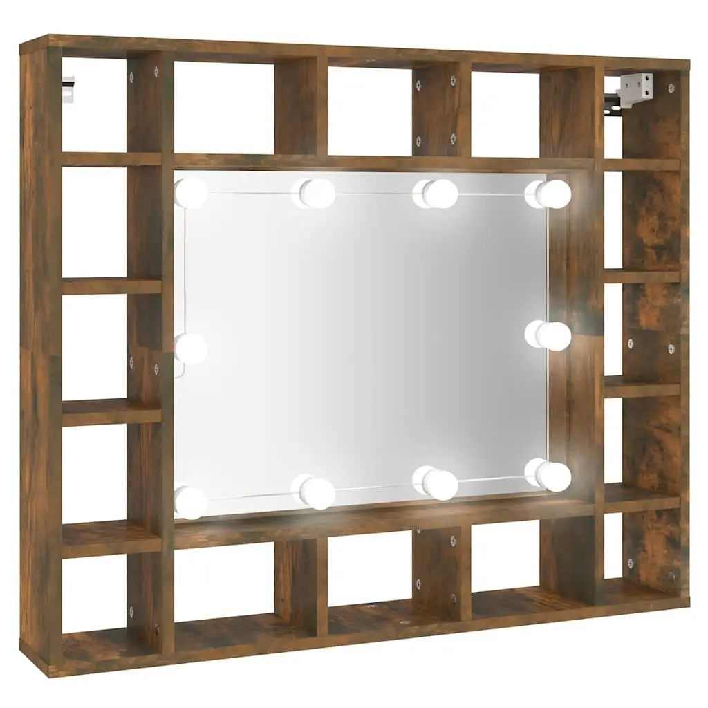 Bathroom Cabinet Brown Wall-Mounted LED Lights 16 Compartment Storage