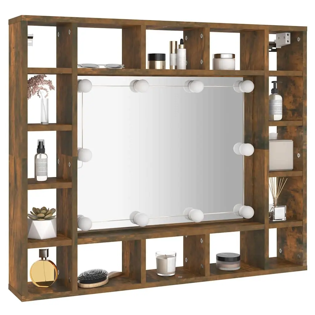 Bathroom Cabinet Brown Wall-Mounted LED Lights 16 Compartment Storage