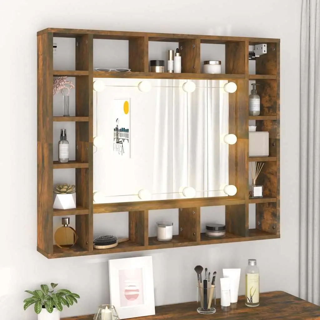 Bathroom Cabinet Brown Wall-Mounted LED Lights 16 Compartment Storage