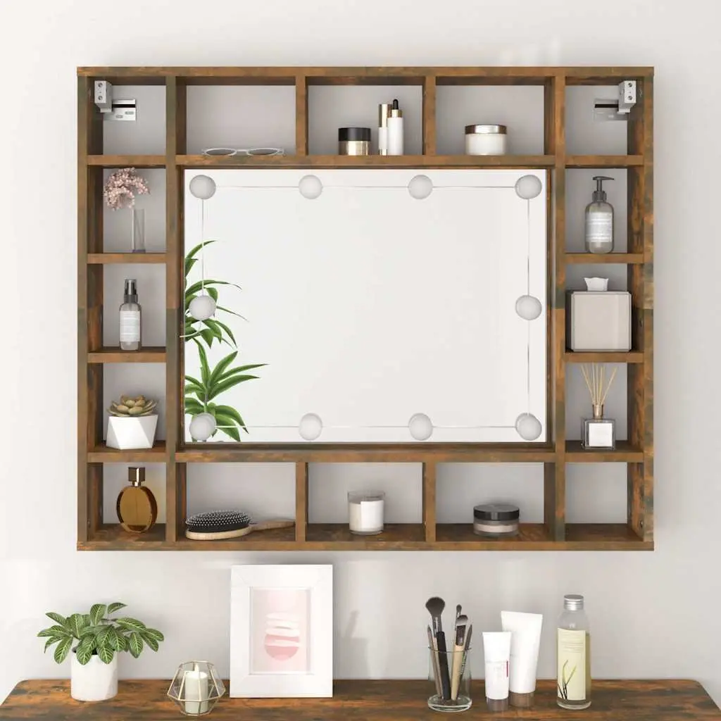 Bathroom Cabinet Brown Wall-Mounted LED Lights 16 Compartment Storage