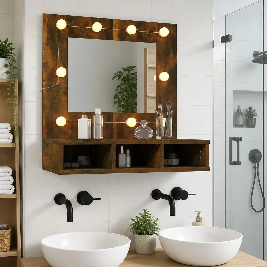 Mirror Cabinet Brown LED Lights Bathroom Vanity Storage Shelf Unit