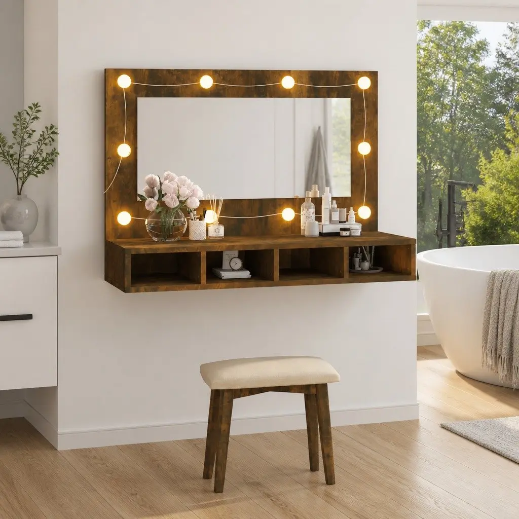 Bathroom Vanity Mirror Cabinet Brown 90x31.5x62cm LED Light Storage Shelves