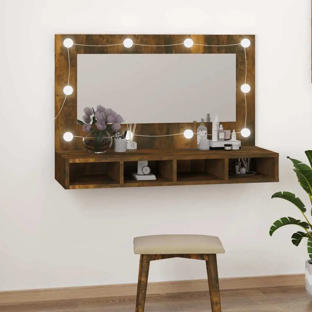 Bathroom Vanity Mirror Cabinet Brown 90x31.5x62cm LED Light Storage Shelves