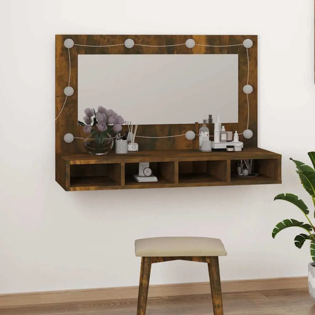 Bathroom Vanity Mirror Cabinet Brown 90x31.5x62cm LED Light Storage Shelves